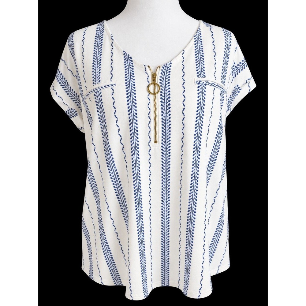 Ivory Blue Botanical Print Half Zip Blouse Relaxed Boho Coastal Size Large